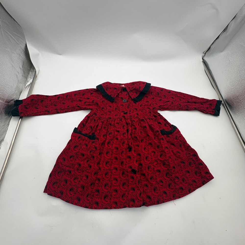 Nannette Girls Red Black Paisley Corduroy Dress Long Sleeve Button Front Trim